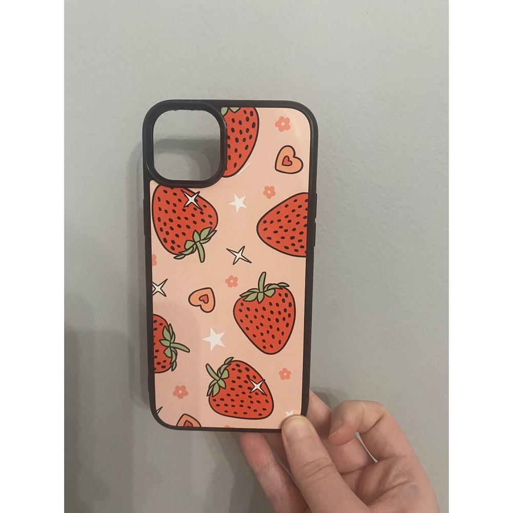 Phone Case iPhone 14 Plus Pink Strawberry Print Heart Pattern Kawaii Aesthetic